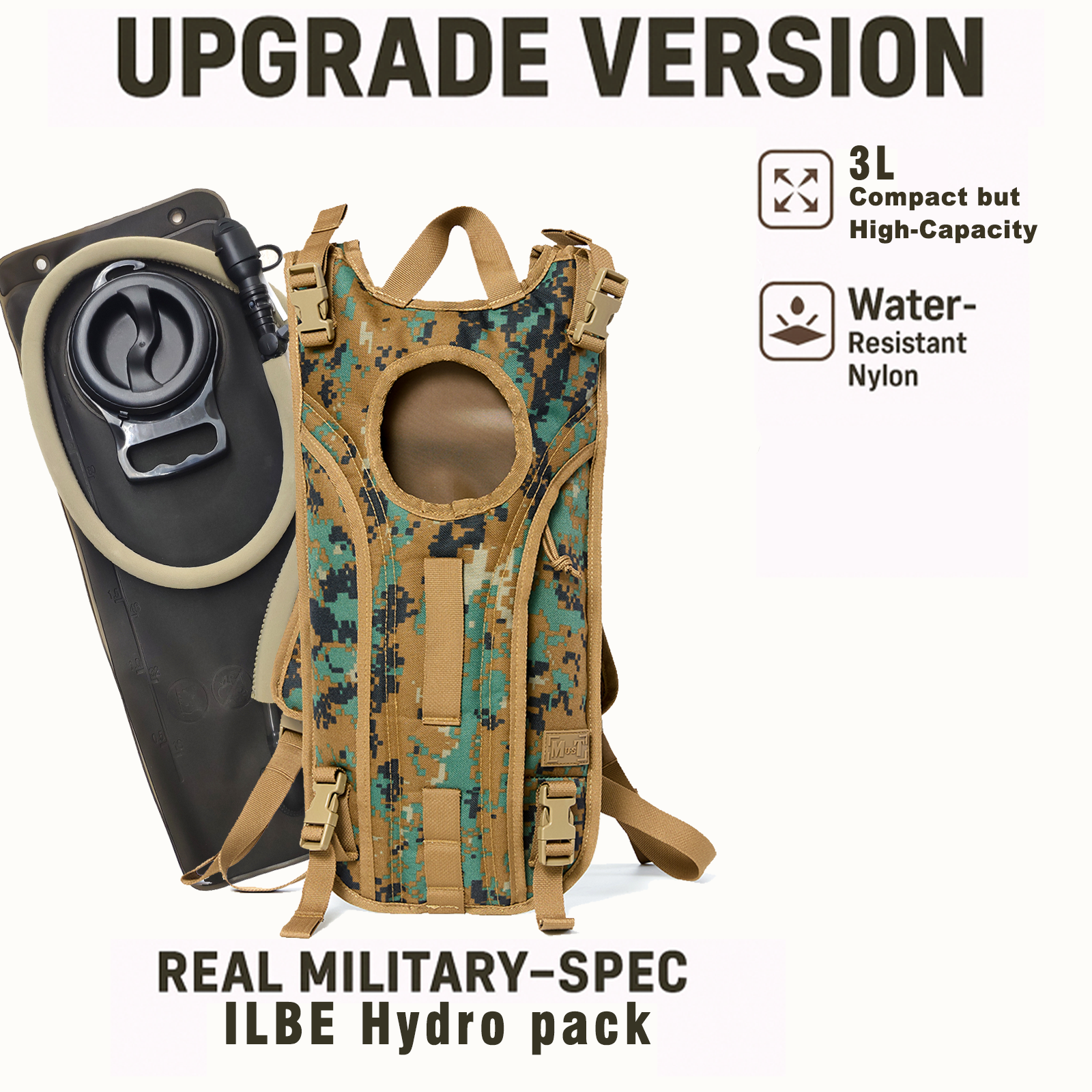 USMC ILBE Hydration Carrier – Multi-Terrain Camo, Includes 3L Bladder, Military MOLLE Water Pack