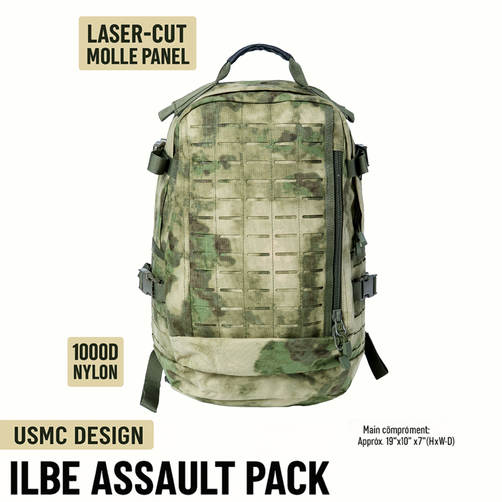 ILBE 2.0 Assault Pack 45L –FG Camo Tactical Backpack with Laser-Cut MOLLE Panels & Hydration System for Outdoor, Military, Hiking